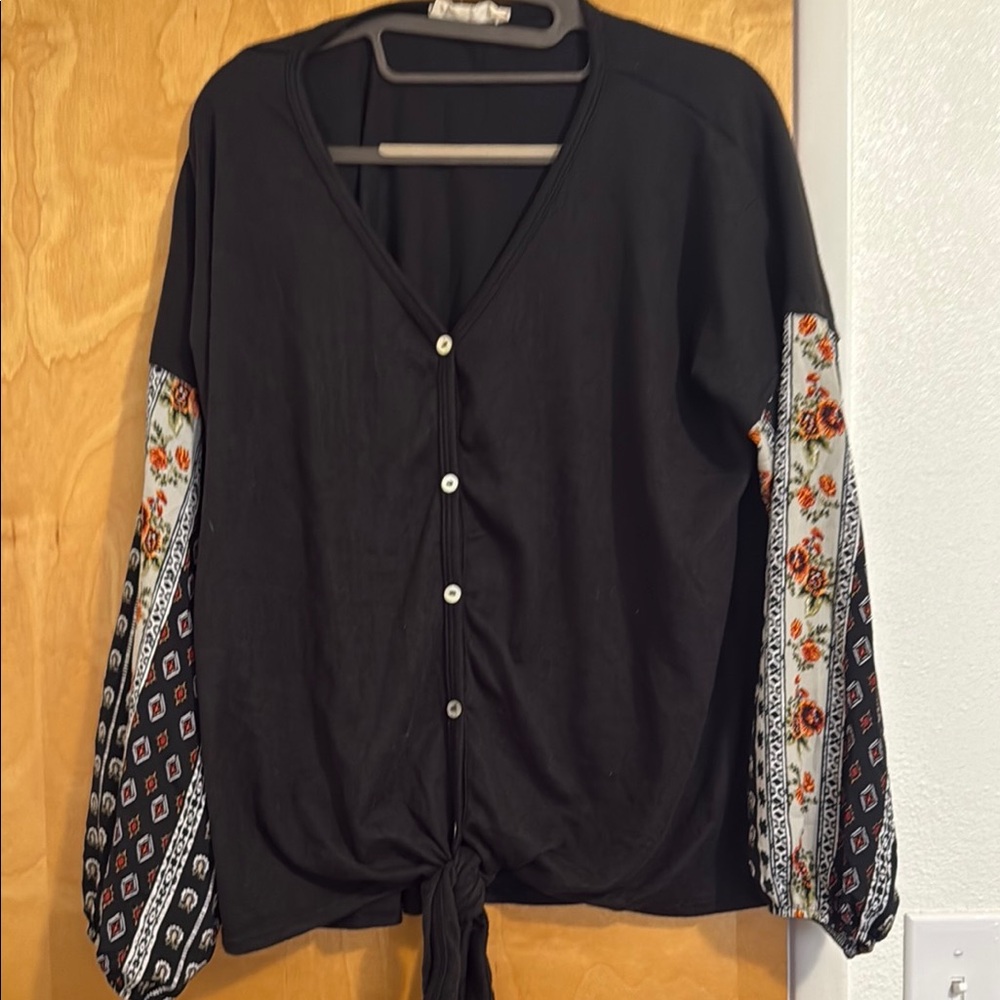 Peach Love California Black Buttoned Tie Front Blouse